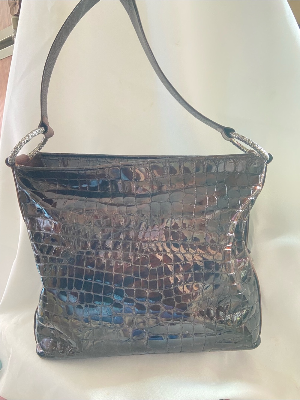 Brighton Cher Iridescent Dark Brown Shoulder Croc Inspired Soft Handbag